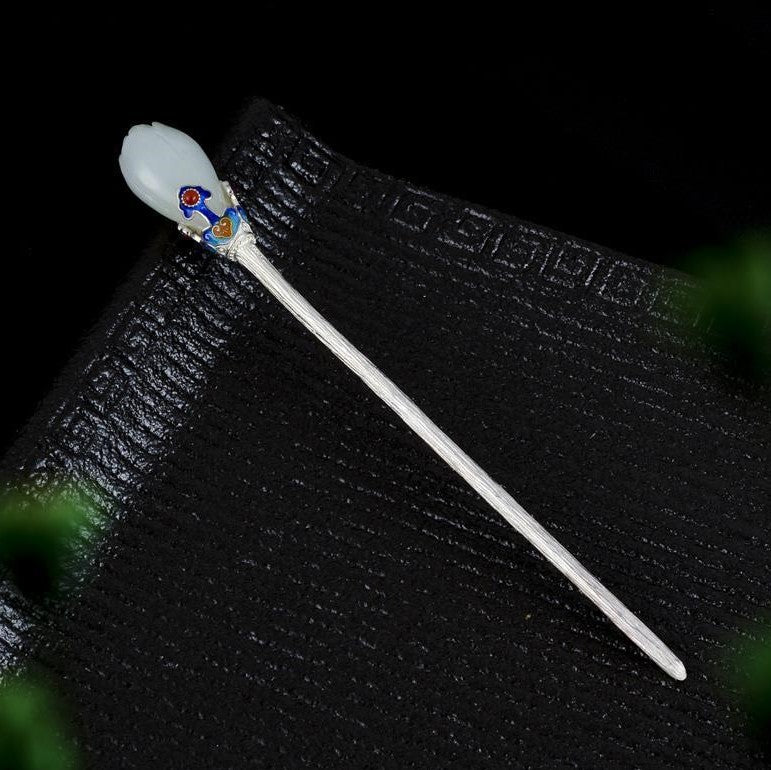 Jade Lotus Sterling Silver Retro Chinese Style Hairpin