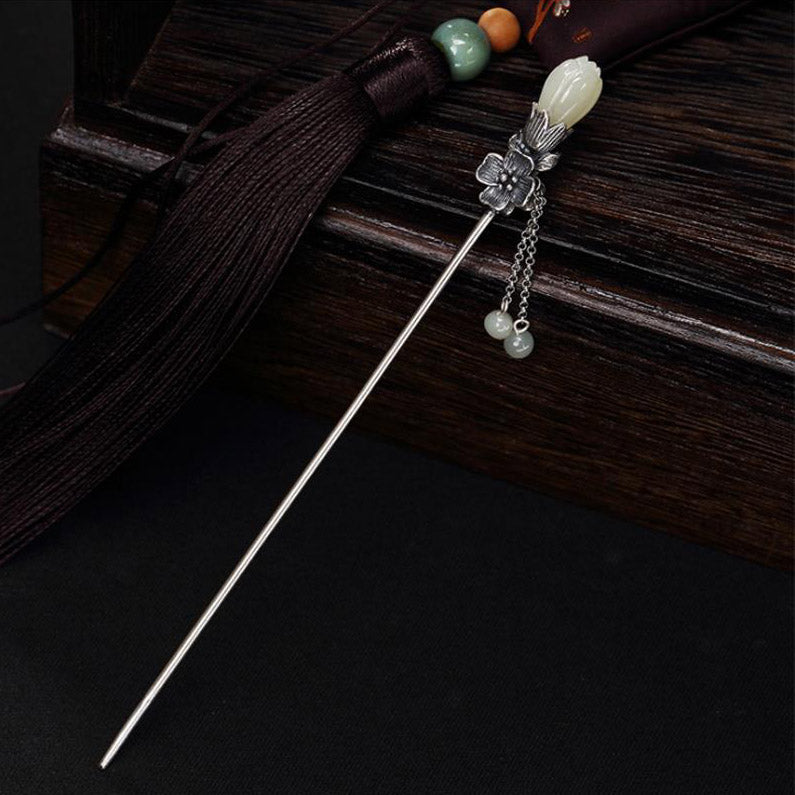 Jade Magnolia Sterling Silver Retro Chinese Style Hairpin with Tassel