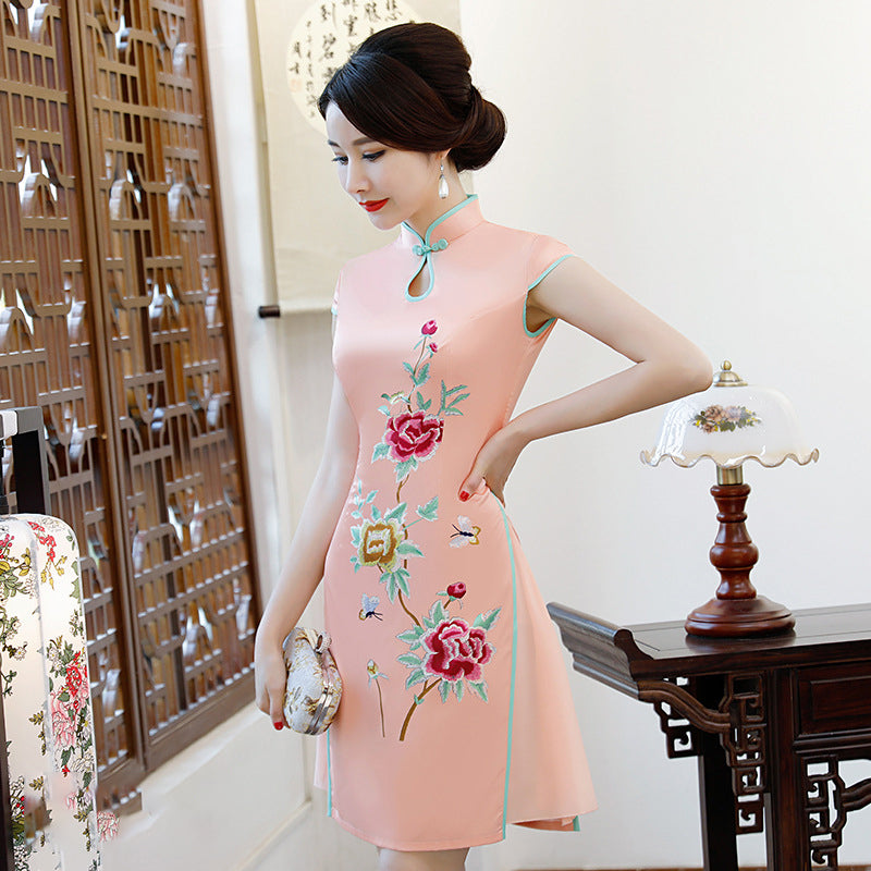 Key Hole Neck Cap Sleeve Cheongsam Top Floral Ao Dai Dress