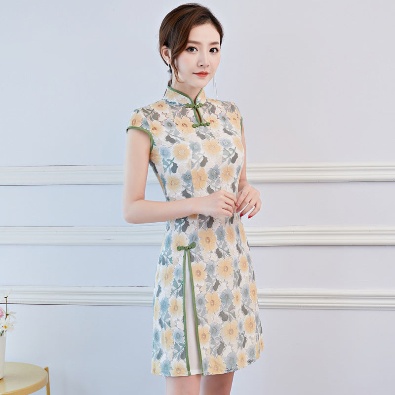 Key Hole Neck Cap Sleeve Mini Cheongsam Floral Lace Chinese Dress