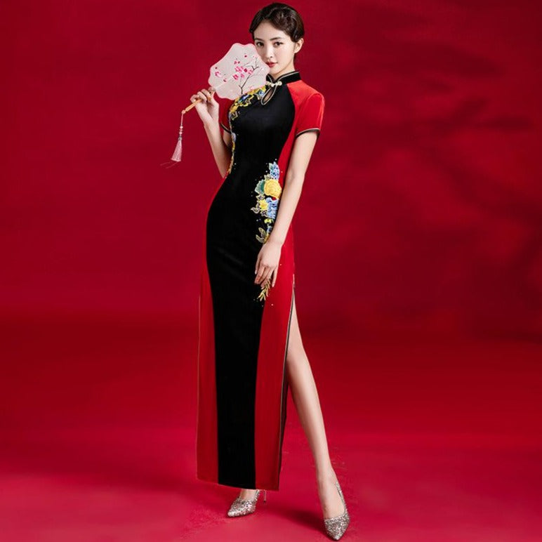 Key Hole Neck Floral Applique Velvet Cheongsam A-line Evening Dress