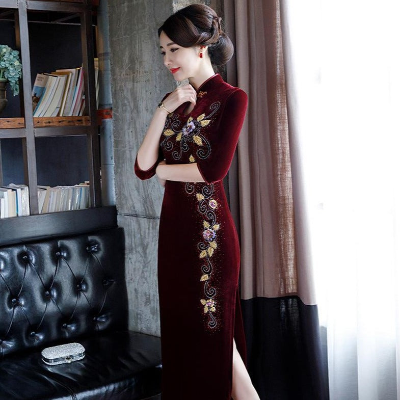 Key Hole Neck Floral Embroidery & Appliques Velvet Cheongsam Mother Dress