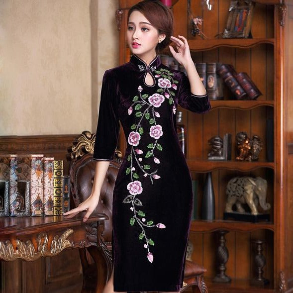 Key Hole Neck Half Sleeve Floral Velvet Cheongsam Chinese Dress