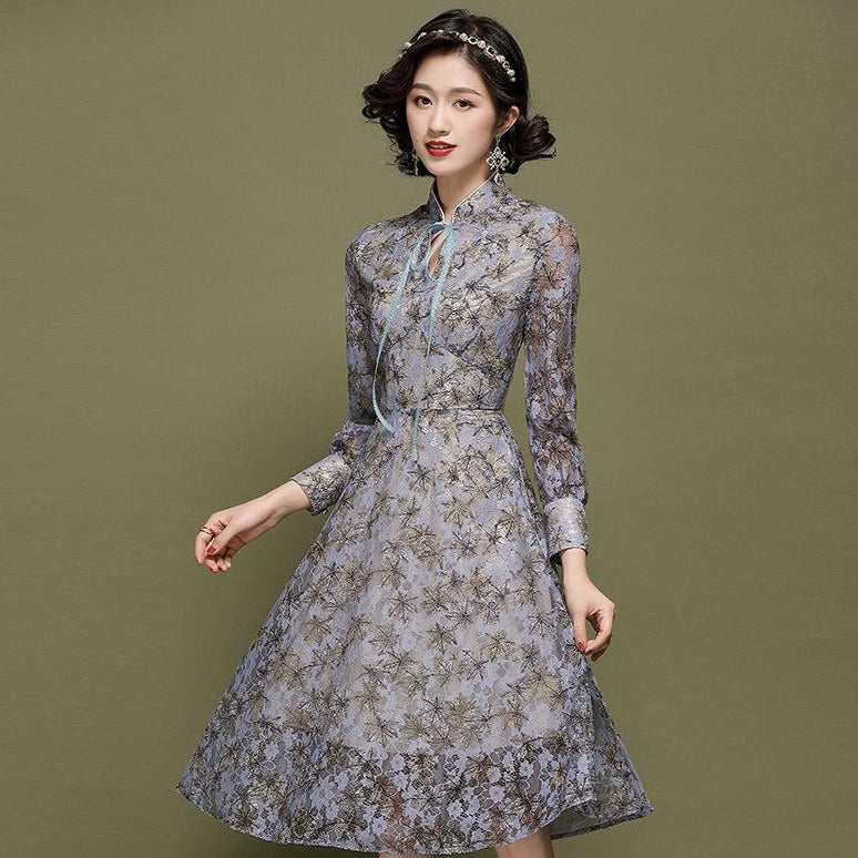 Key Hole Neck Illusion Sleeve Cheongsam Top Chinese Dress