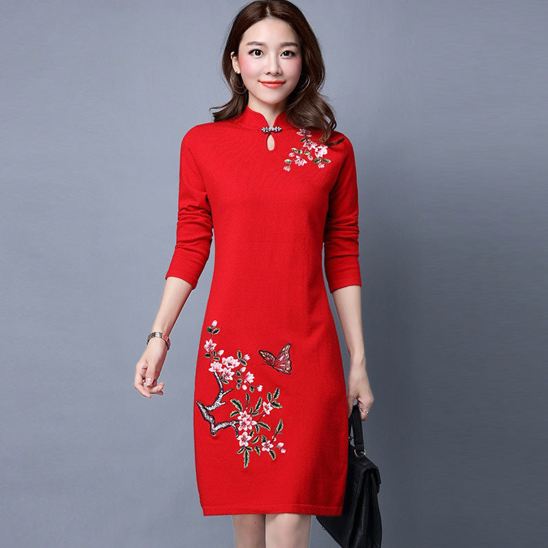 Key Hole Neck Knee Length Cheongsam Chinese Style Sweater Dress