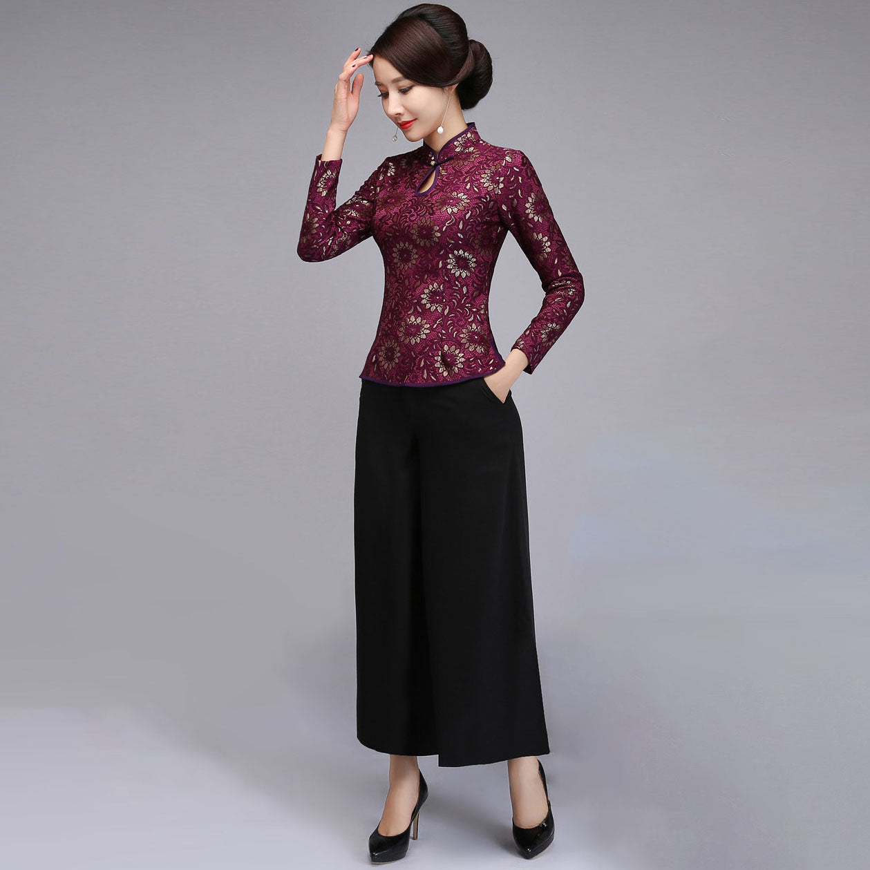 Key Hole Neck Lace Cheongsam Top with Long Pantskirt