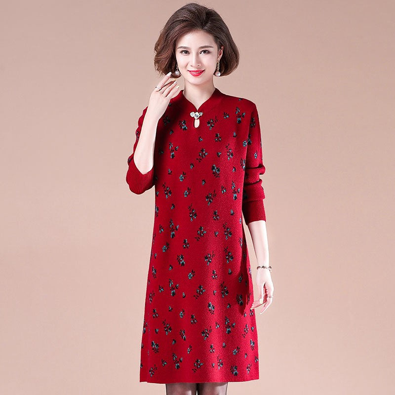 Key Hole Neck Long Sleeve Knee Length A-line Floral Knit Dress