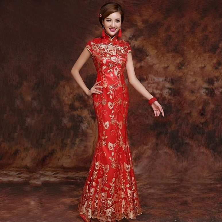 Key Hole Neck Mermaid Brocade Chinese Wedding Dress