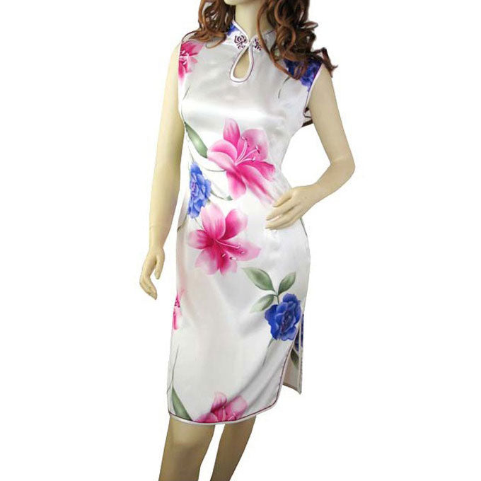 Key Hole Neck Sleeveless Floral Mini Cheongsam