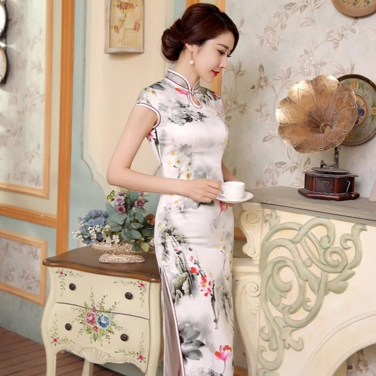 Key Hole Neck Tea Length Cheongsam Floral Chinese Dress