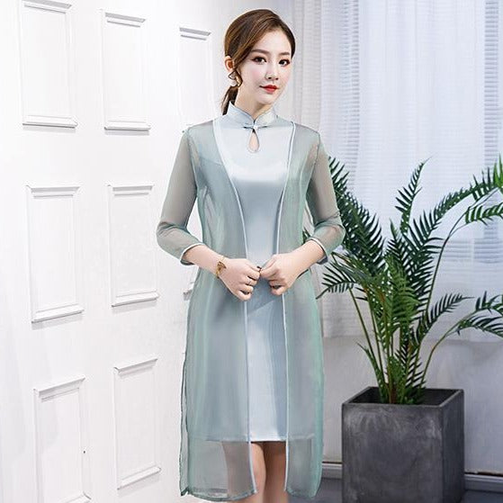 Key Hole Neck Two-piece Set Cheongsam Knee Length Chinese Dress