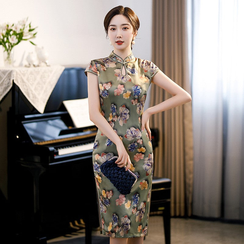 Keyhole Neck Cap Sleeve Traditional Cheongsam Knee Length Floral Chinese Dress