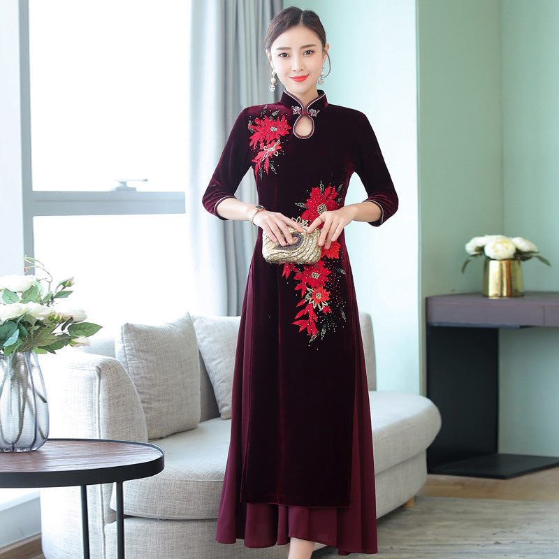 Keyhole Neck Cheongsam Top Retro Floral Velvet Ao Dai Dress