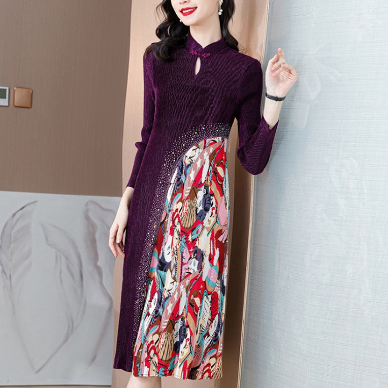 Keyhole Neck Folded Floral Velvet Chinese Style Casual Dress Boho Dress