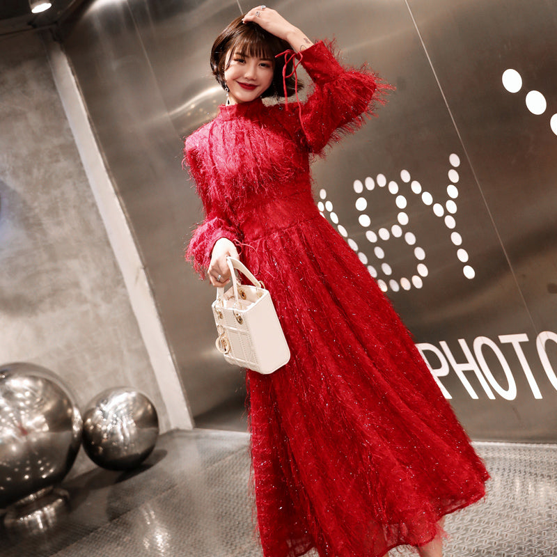 Long Sleeve High Collar Chinese Wedding Party Dress with Tassels