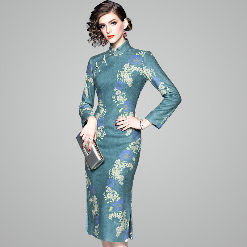 Long Sleeve Knee Length Cheongsam Retro Floral Chinese Dress