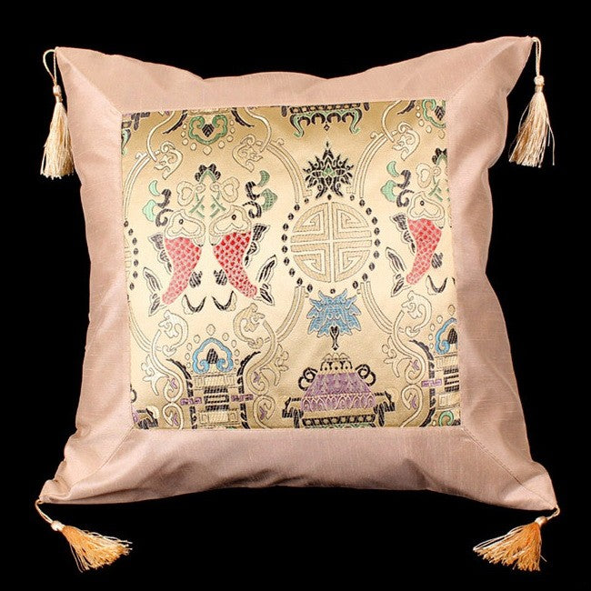 Pair of Auspicious Pattern Taffeta Chinese Cushion Covers with Tassels