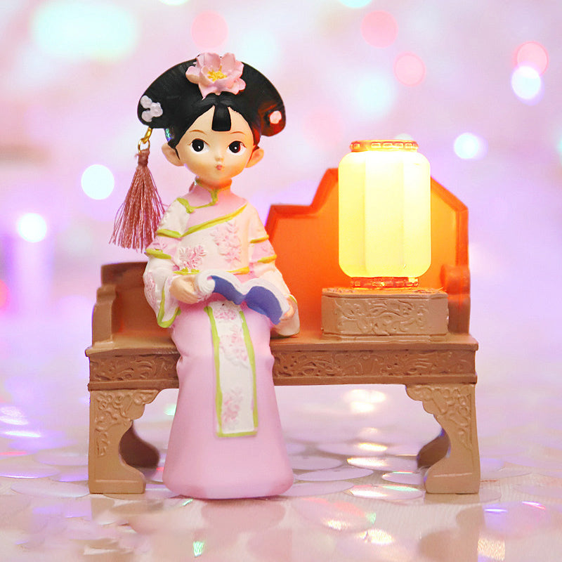 Qing Dynasty Chinese Ancient Girl Little Night Lamp Oriental Desktop Decor