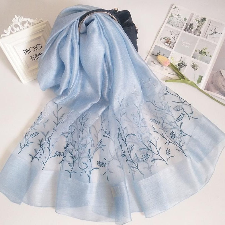 Real Silk & Woolen Oriental Floral Embroidery Scarf Shawl