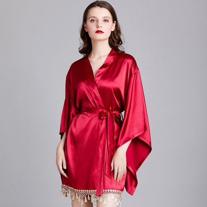 Wide Sleeve V Neck Silk Loungewear Nightwear Pajamas with Tassels