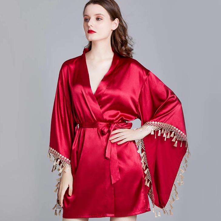 Wide Sleeve V Neck Silk Loungewear Nightwear Pajamas with Tassels