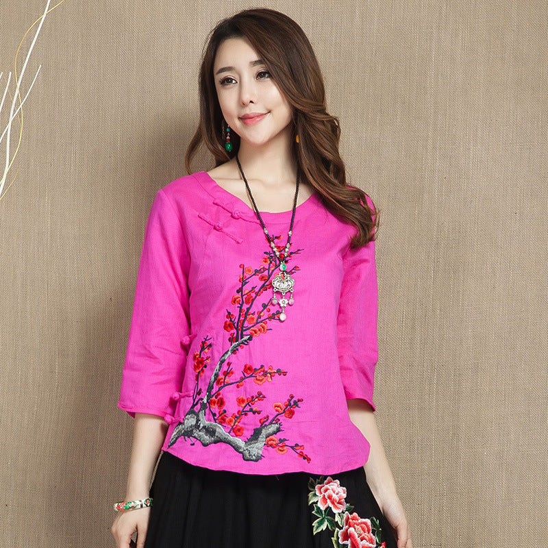 Wintersweet Embroidery 3/4 Sleeve Signature Cotton Chinese Style Blouse