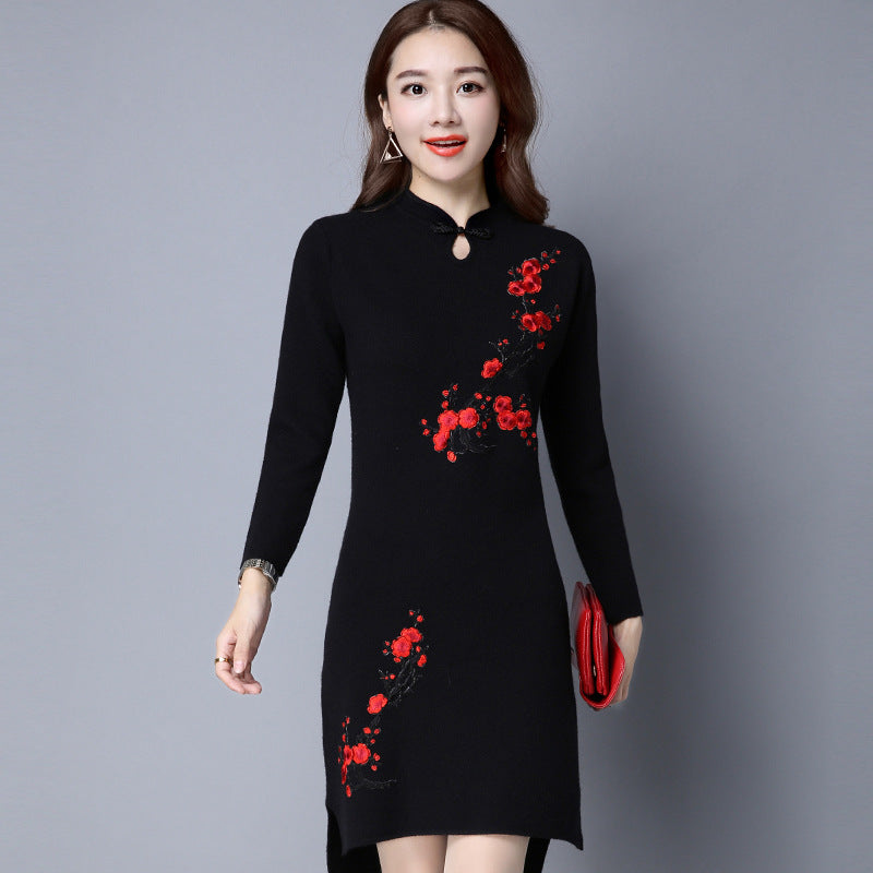 Wintersweet Embroidery Retro Cheongsam Bodycon Sweater Dress