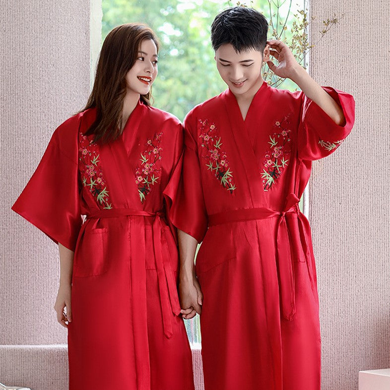 Wintersweet Embroidery Silk Blend Loungewear Sleepwear Bathrobe